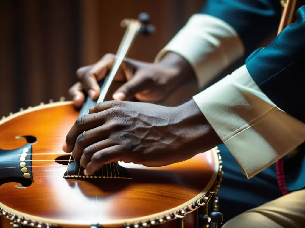 Las manos expertas de un músico tocando el Surbahar, mostrando su destreza y concentración