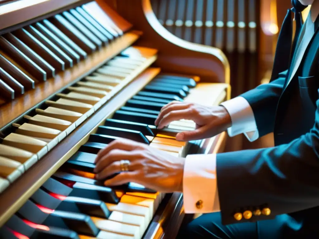 Las manos expertas de un organista improvisando en el órgano sacro, creando una melodía celestial