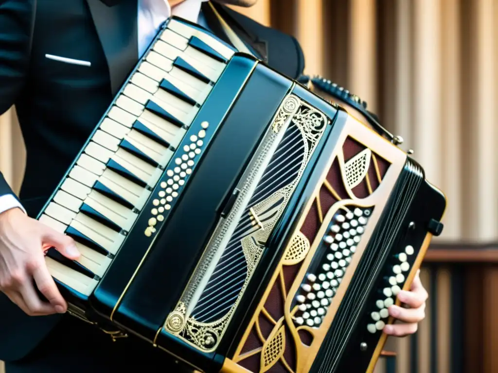 Manos expertas tocan con pasión un hermoso acordeón de viento en géneros musicales, mostrando destreza y tradición musical