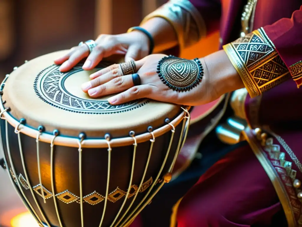 Manos expertas de percusionista árabe tocando el doumbek, con joyería y diseños de henna tradicionales