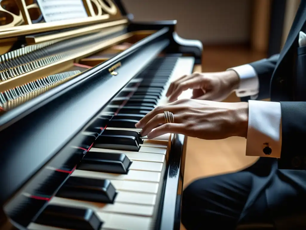 Las manos expertas de un pianista improvisando en un piano de cola, transmitiendo pasión y destreza