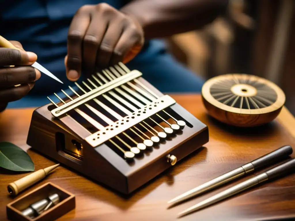 Manos expertas ajustando con precisión las láminas metálicas de una Kalimba, resaltando la artesanía y la importancia cultural del instrumento