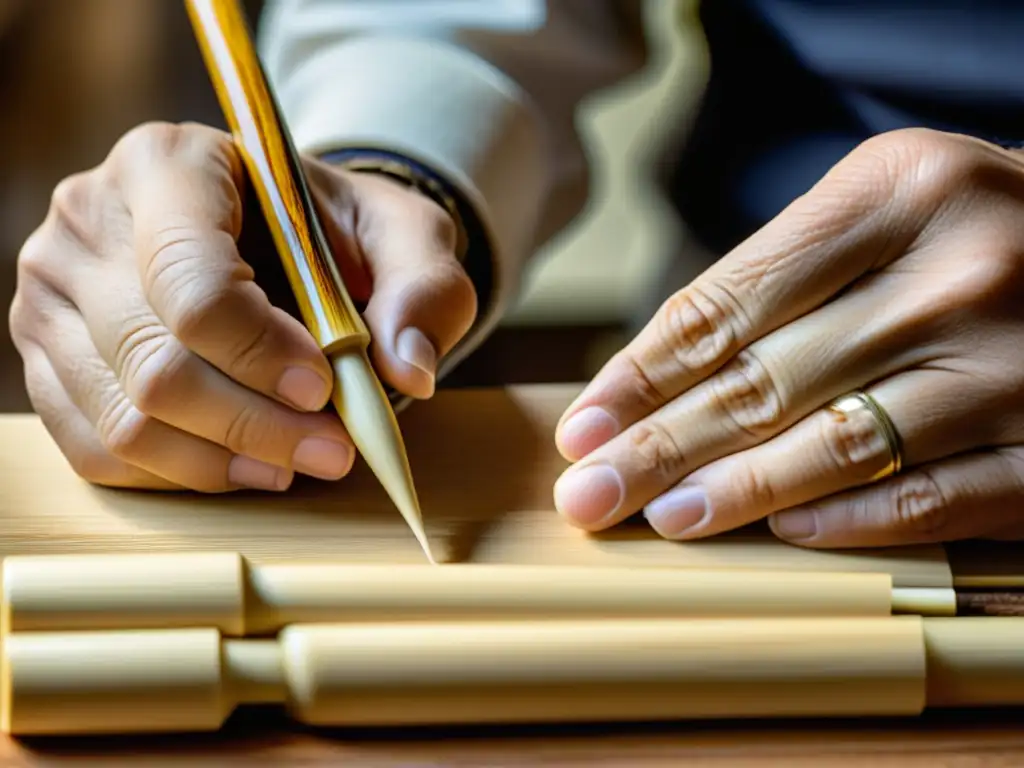 Manos expertas en la preparación de cañas para oboe, cuidadosamente labrando y moldeando el material con precisión y destreza