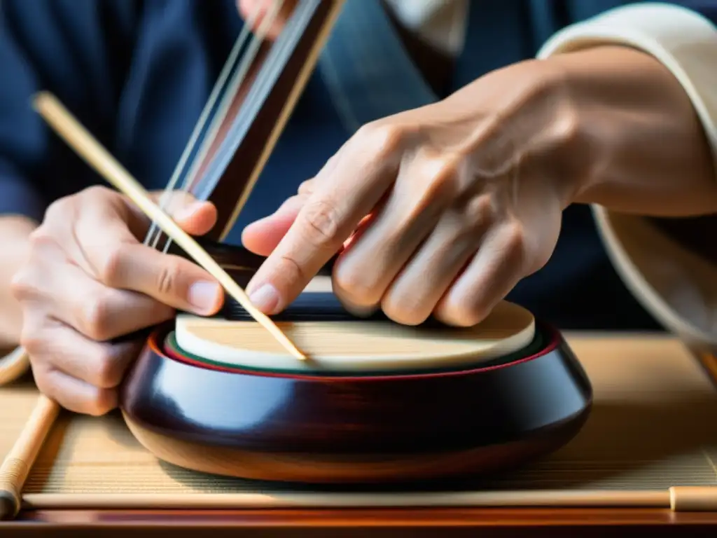 Manos expertas produciendo el sonido resonante del shamisen japonés, capturando la esencia de su historia y tradición musical