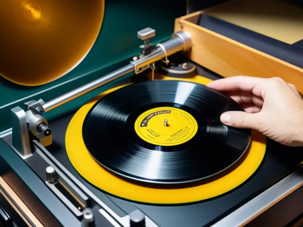 Manos expertas recuperando sonidos de grabaciones antiguas en un vinilo vintage, fusionando historia y arte del sonido