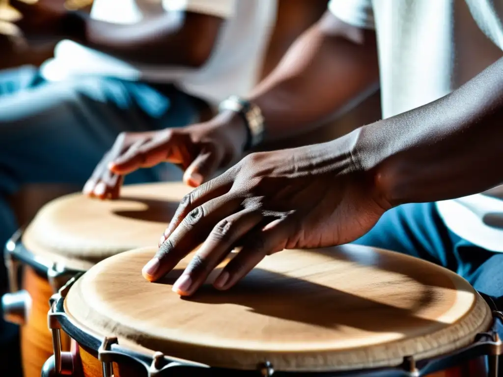 Manos expertas en la técnica de las congas en afrocubana, capturando la pasión y destreza del músico en pleno movimiento