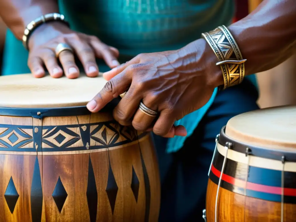 Manos expertas ejecutan la técnica de las congas en afrocubana, con intensidad y pasión, en una actuación en vivo