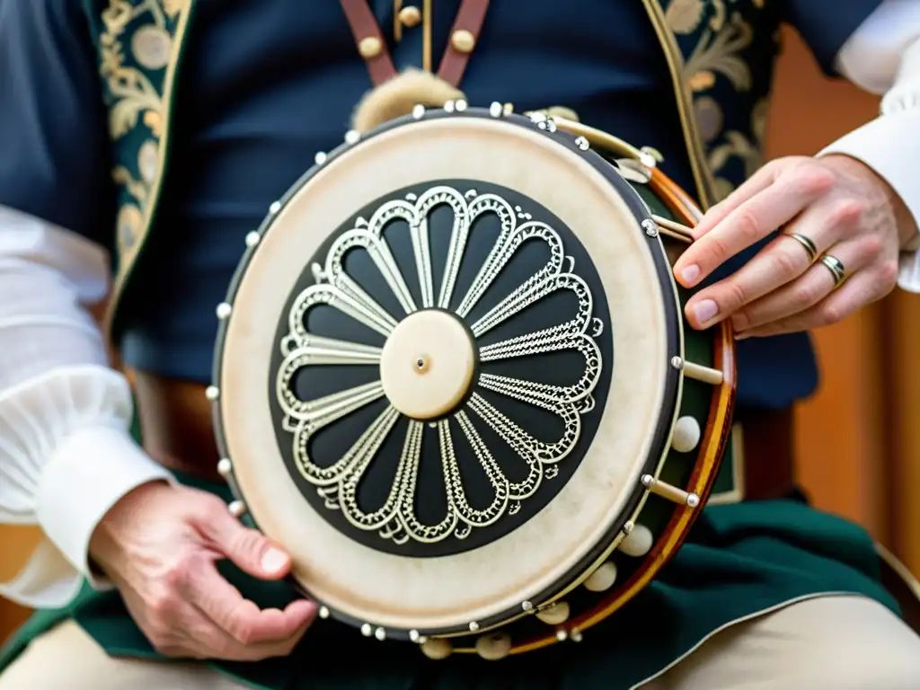 Manos expertas ejecutando la técnica precisa para tocar el Bodhrán, mostrando la esencia y la tradición de este instrumento de percusión irlandés