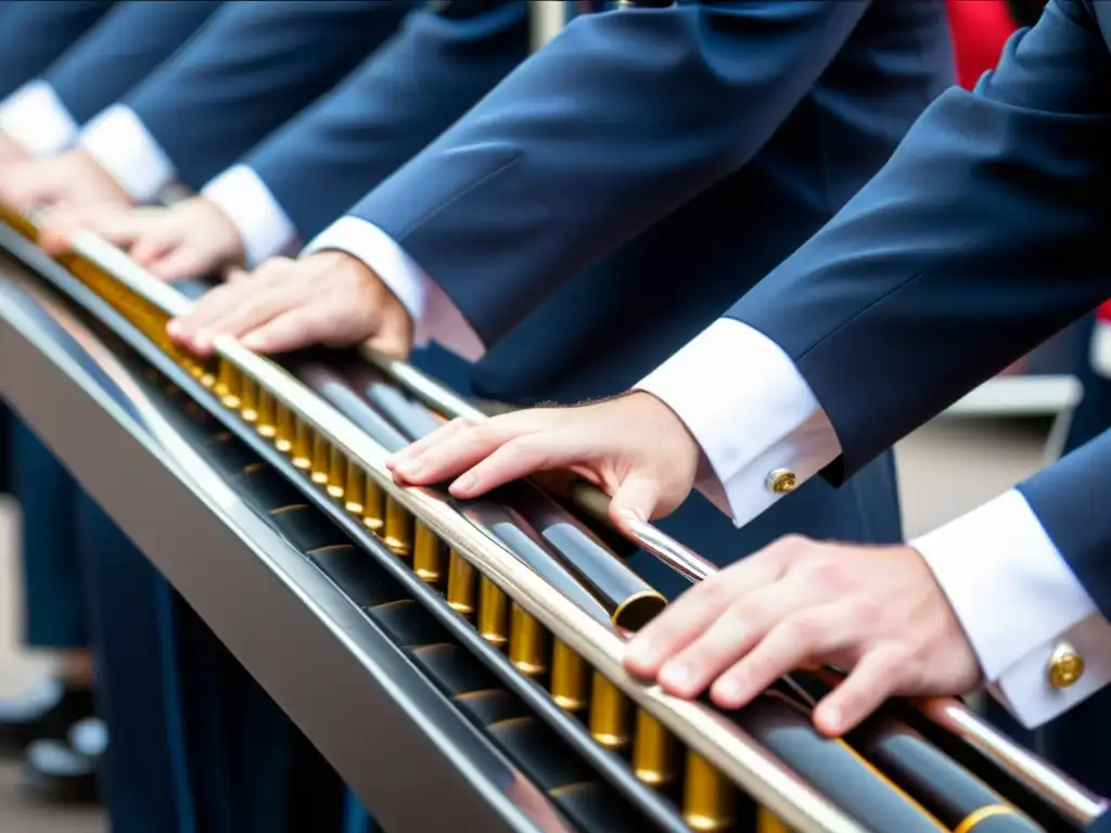 Manos expertas ejecutan técnicas de glockenspiel en banda marcial, capturando destreza y pasión musical