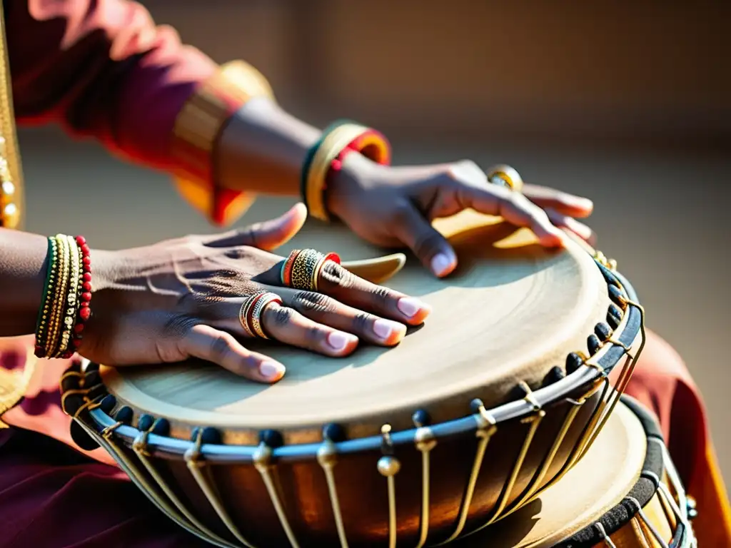 Manos expertas ejecutan técnicas milenarias de percusión tabla india con precisión y pasión, reflejando la riqueza cultural y musical