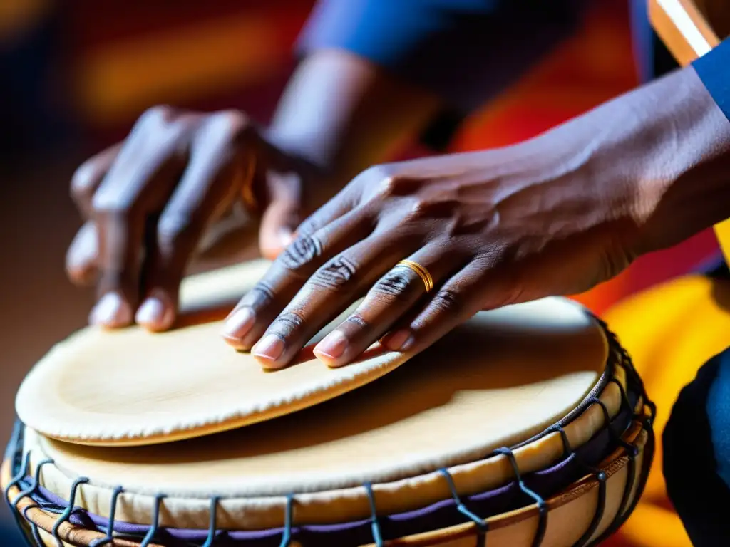 Manos expertas ejecutando técnicas de pandeiro para música popular, enfoque nítido y ambiente vibrante