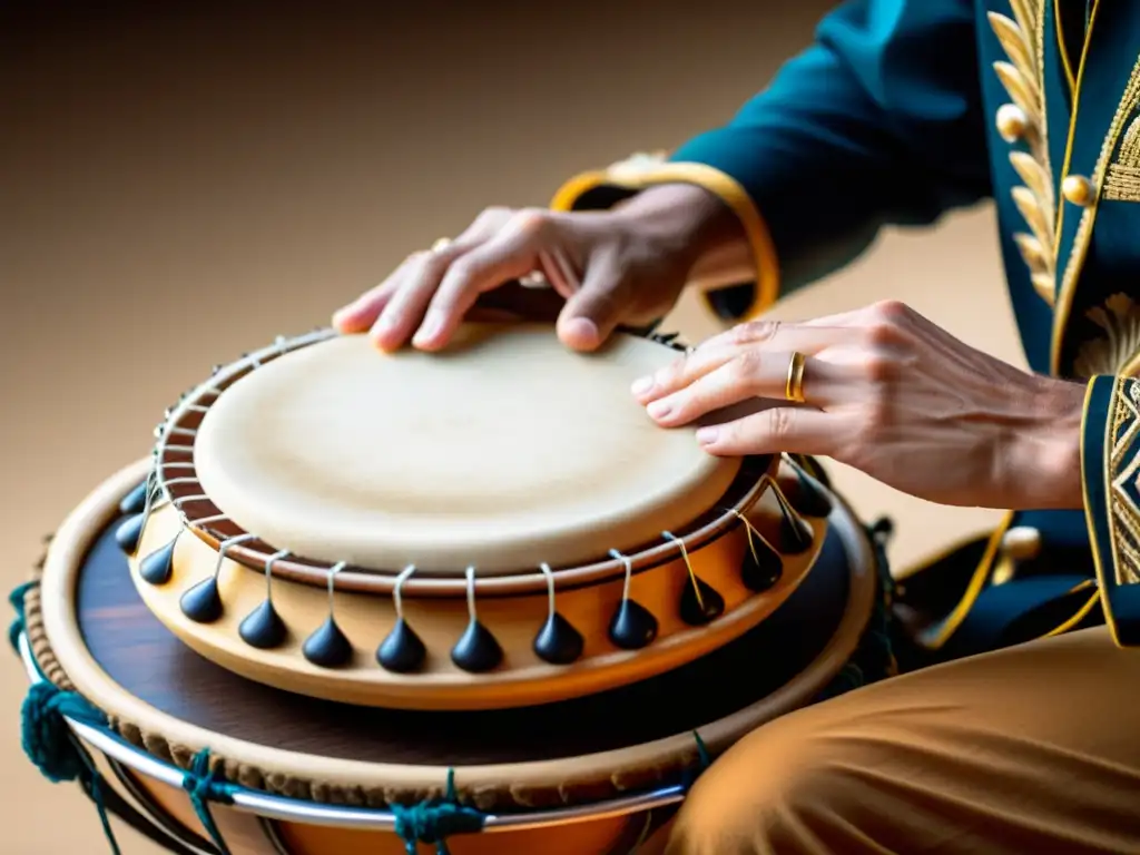 Manos expertas ejecutando técnicas de pandeiro para música popular, creando ritmos y tonos resonantes en el tambor brasileño