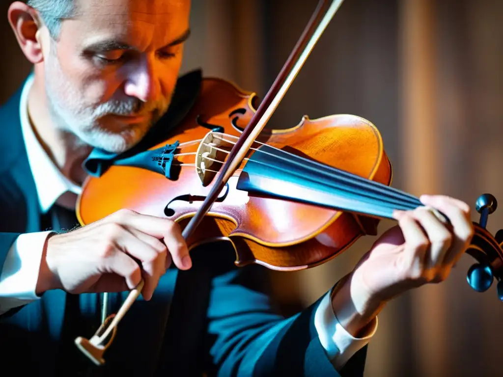 Manos expertas en un violín de madera tradicional en la música celta, transmitiendo emoción y destreza en cada movimiento de arco y cuerda