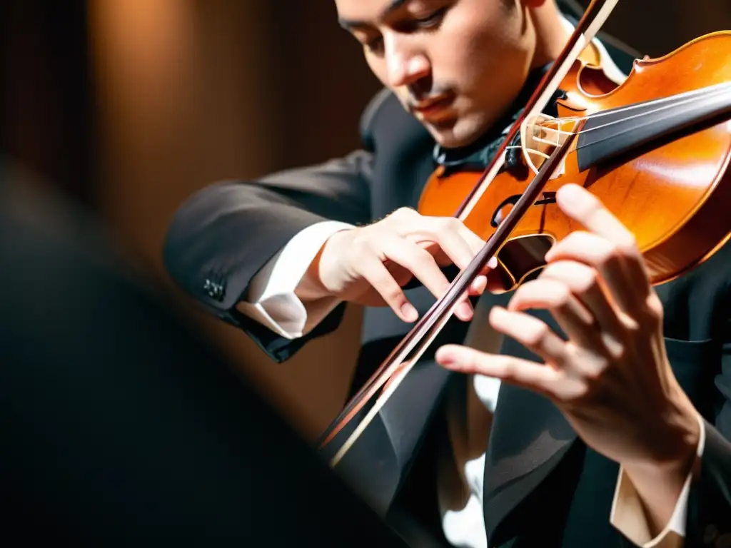 Las manos expertas de un violinista ejecutan técnicas avanzadas para violinistas