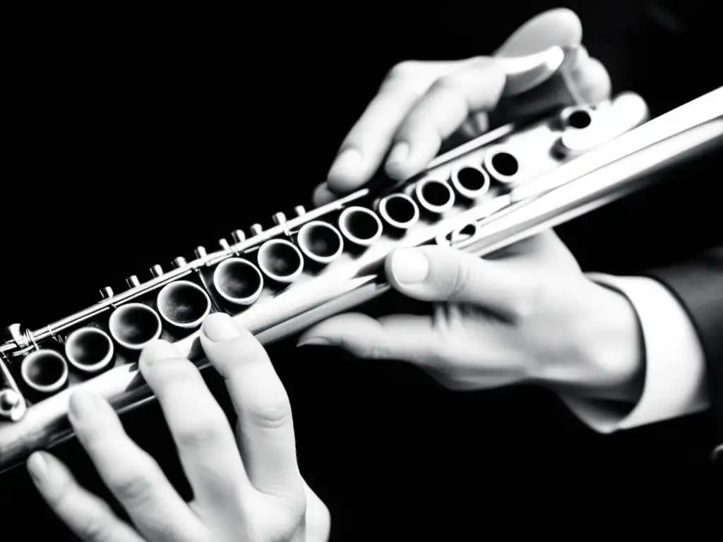 Manos de flautista tocando con destreza una flauta plateada en blanco y negro, destacando la sofisticación armónica del jazz