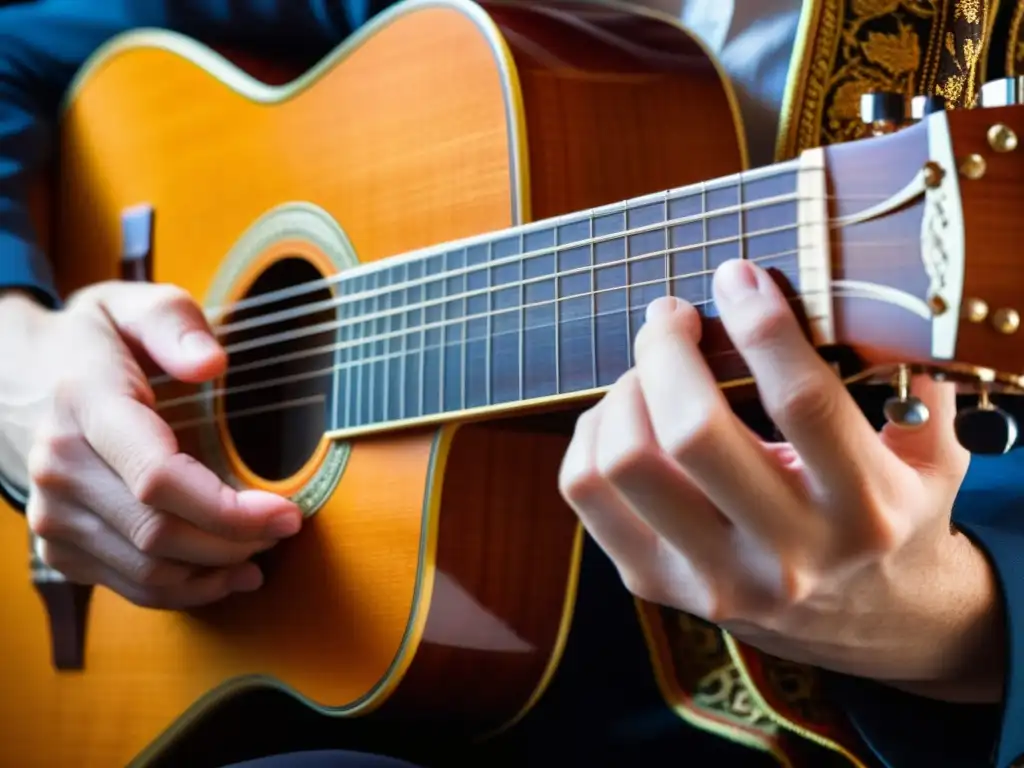 Manos de guitarrista clásico ejecutando trémolo con precisión en una hermosa guitarra clásica, destacando la técnica y la destreza