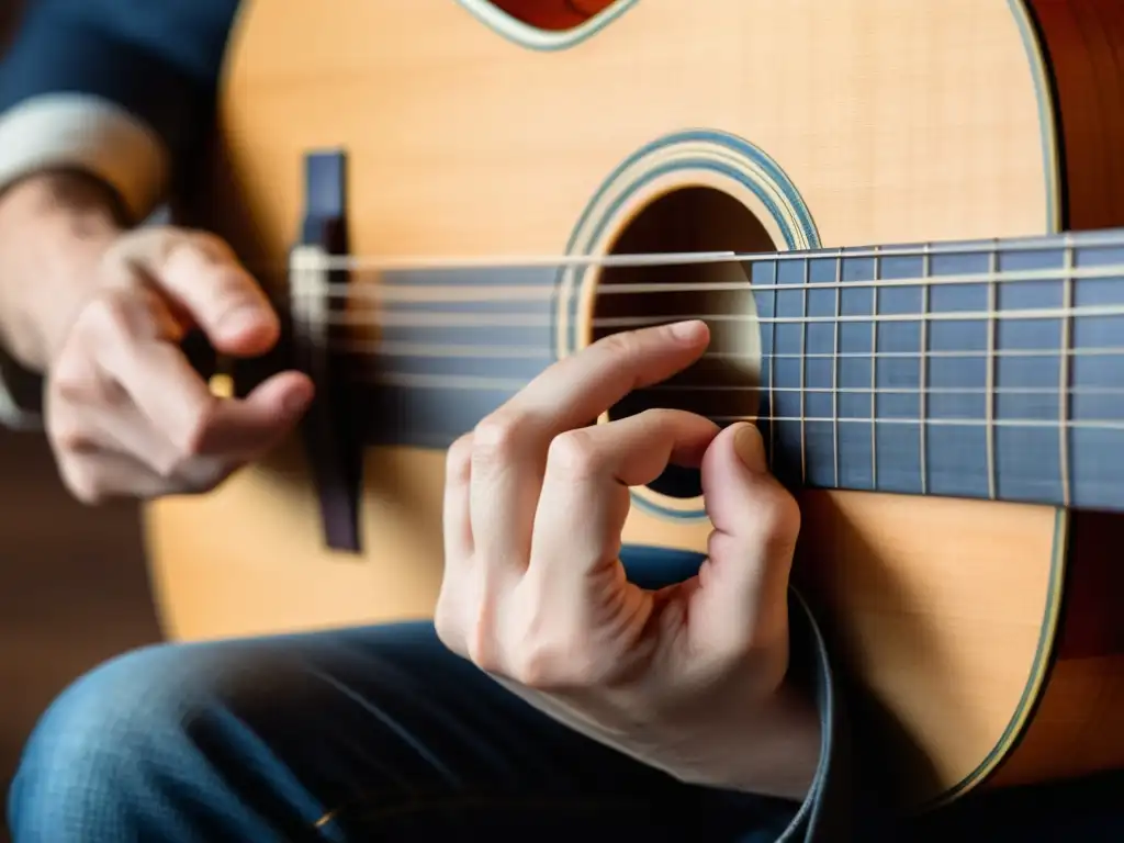 Las manos de un guitarrista experto dominando las cuerdas de una guitarra clásica, mostrando la técnica de cuerda para tocar eficazmente