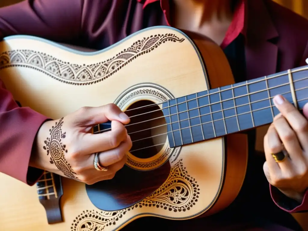 Las manos de un guitarrista flamenca pluck las cuerdas de una guitarra tradicional, con tatuajes de henna y una guitarra envejecida