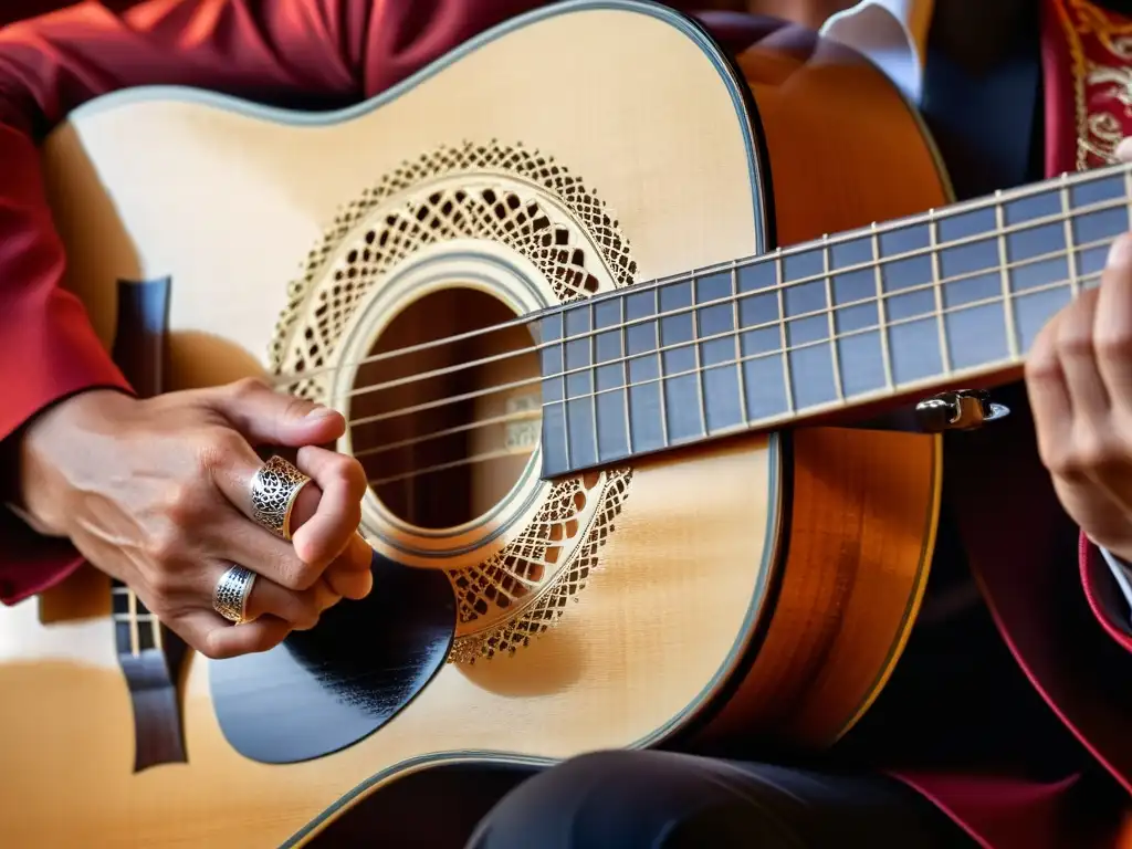 Las manos del guitarrista flamenco desprenden pasión mientras tocan la guitarra española, capturando la energía del flamenco