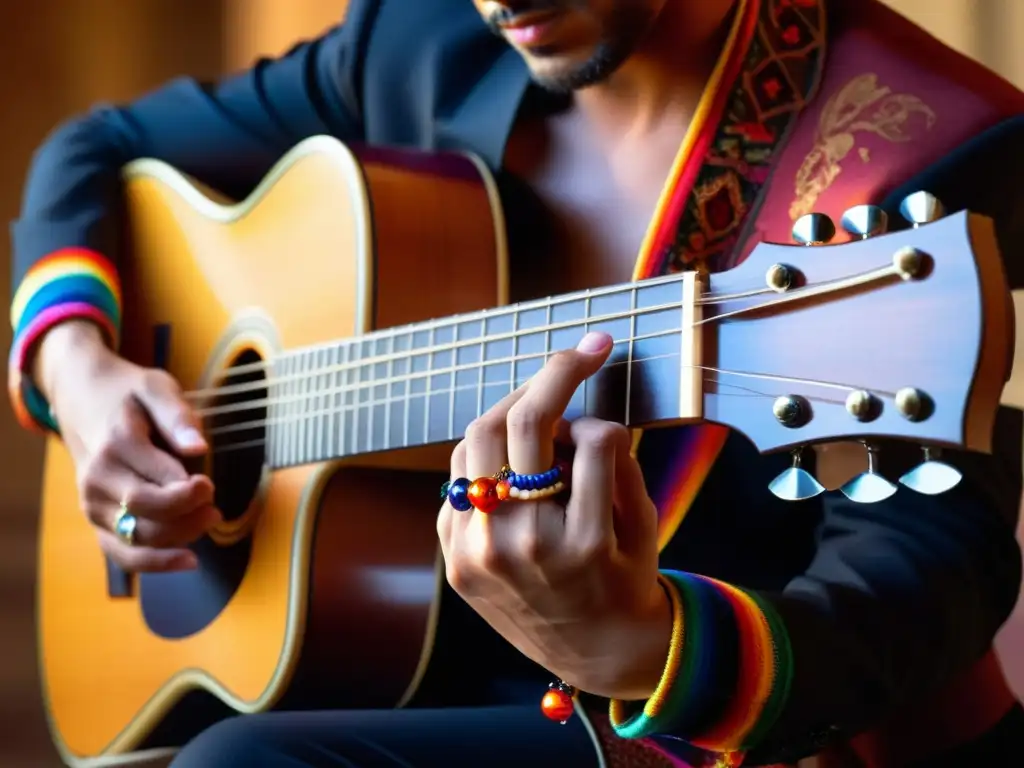 Las manos de un guitarrista de flamenco tocan con pasión una guitarra española, adornadas con coloridas pulseras y anillos