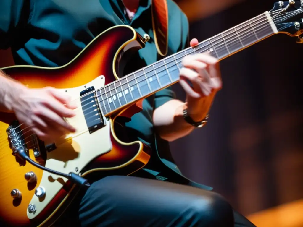 Las manos de un guitarrista ejecutando una improvisación avanzada en el diapasón de una guitarra eléctrica, capturando la energía dinámica y la maestría técnica