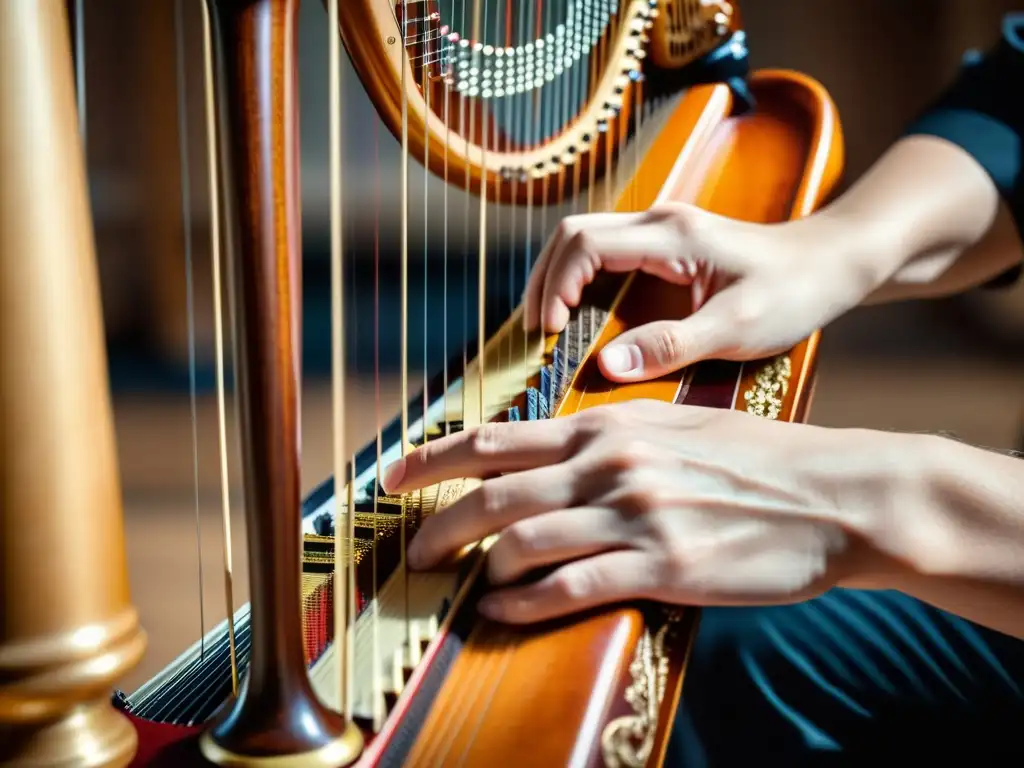 Maestría en arpa: manos expertas crean arpegios Las manos de una hábil arpista crean arpegios en un hermoso arpa, destacando las técnicas y la elegancia de la música