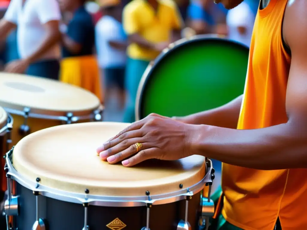 Las manos de un hábil músico tocan el tantán, destacando la pasión y ritmo del samba reggae en Brasil