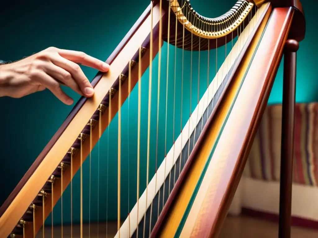 Manos hábiles de músico tocando el arpa paraguaya, capturando su legado cultural del sonido