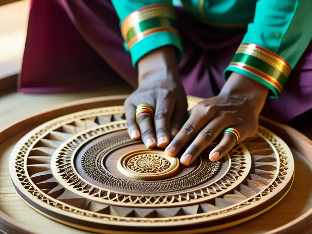 Las manos hábiles de un artesano esculpen diseños intricados en un Santoor indio, resaltando la historia y la artesanía detrás de este instrumento tradicional