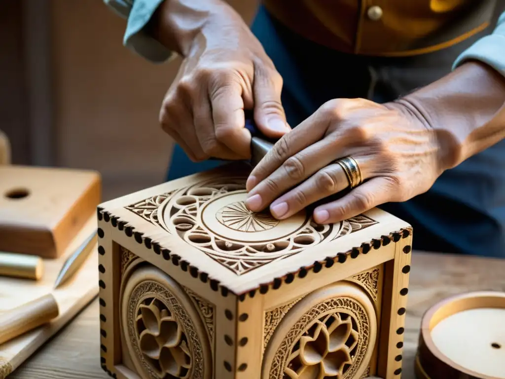 Las manos hábiles de un artesano esculpen patrones en un cajón flamenco, resaltando la rica madera