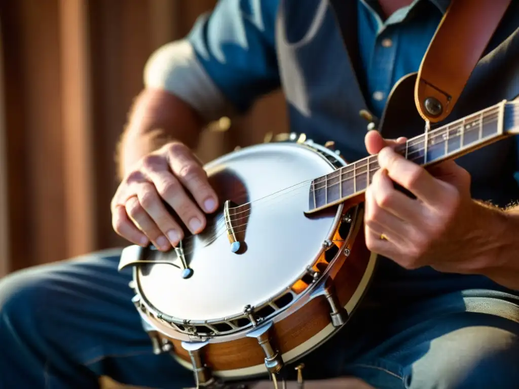 Manos hábiles tocando el banjo en Bluegrass, resaltando la construcción detallada del instrumento y la intensa concentración del músico