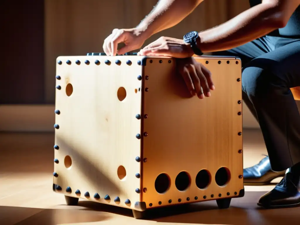 Manos hábiles tocan un cajón flamenco, destilando energía y pasión en la música popular