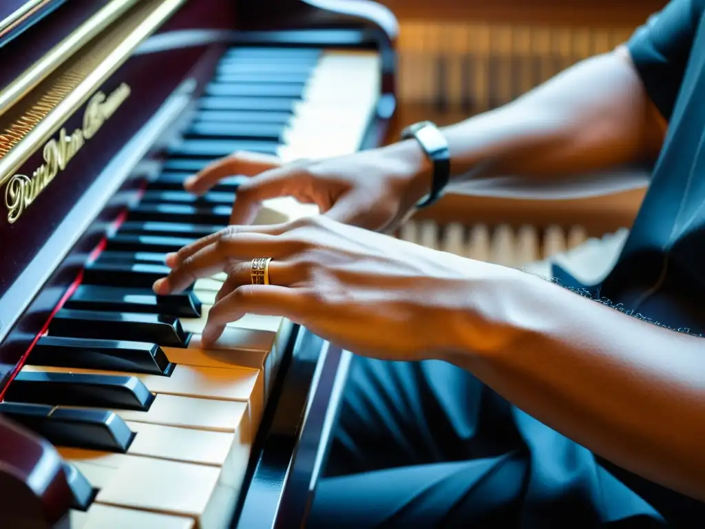 Manos hábiles ejecutando una compleja pieza de piano, destacando la destreza y agilidad necesarias para tocar