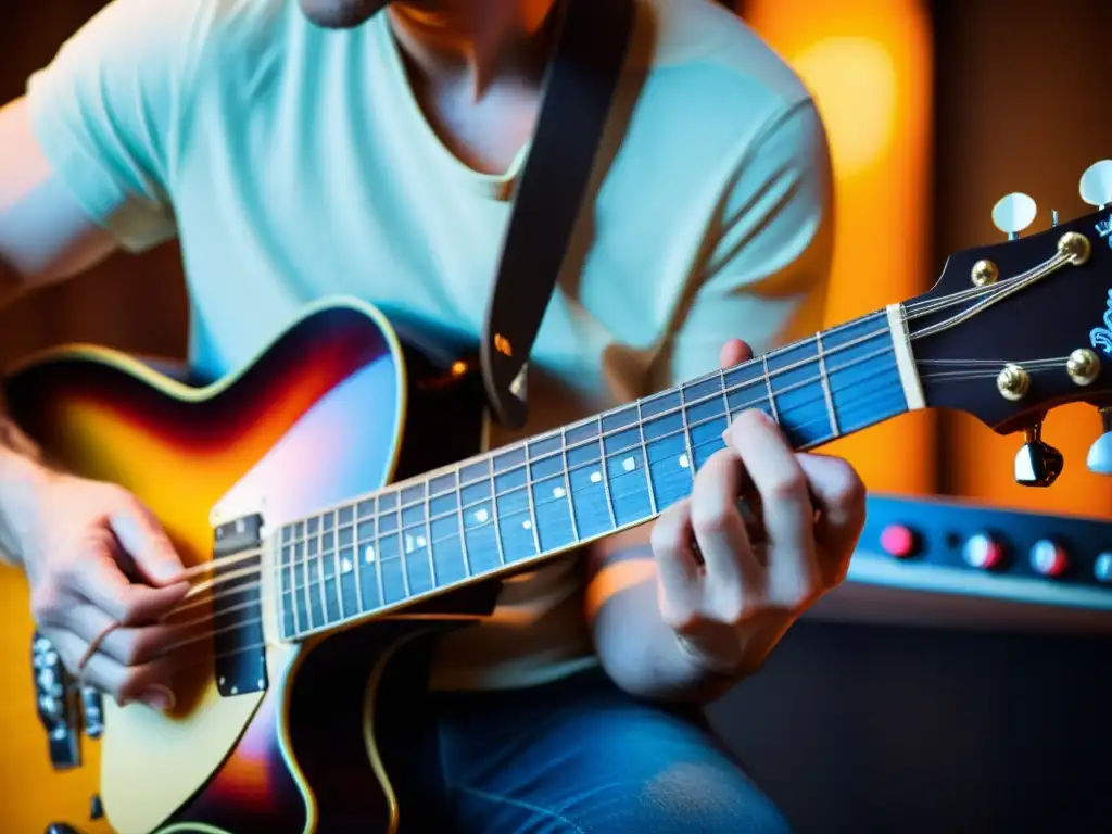 Manos hábiles de guitarrista improvisando, exudando pasión y precisión técnica en escalas avanzadas de guitarra