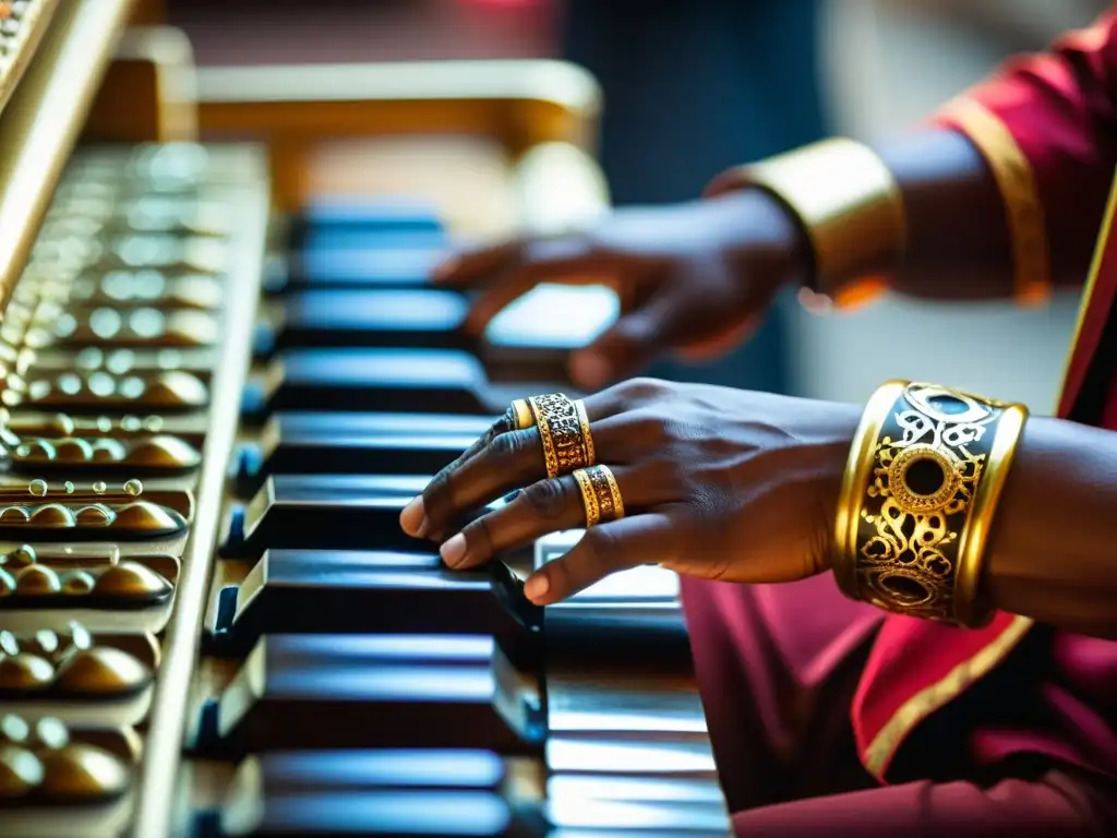 Manos hábiles tocan las llaves del instrumento slentem gamelan javanés, creando una melodía metálica y cautivadora