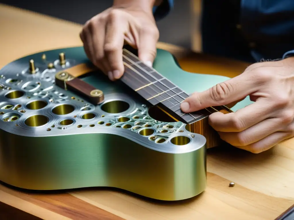 Manos hábiles moldeando materiales reciclados en una guitarra ecoamigable