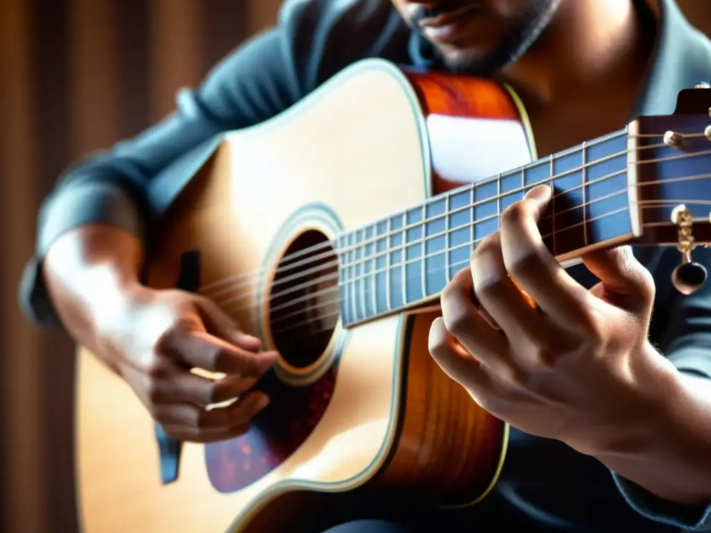 Las manos hábiles de un músico fusionan acústico y electrónico en una guitarra tradicional