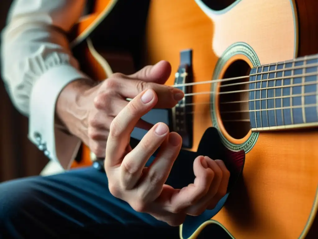 Las manos hábiles de un músico experto improvisando en la guitarra, transmitiendo maestría y expresión artística