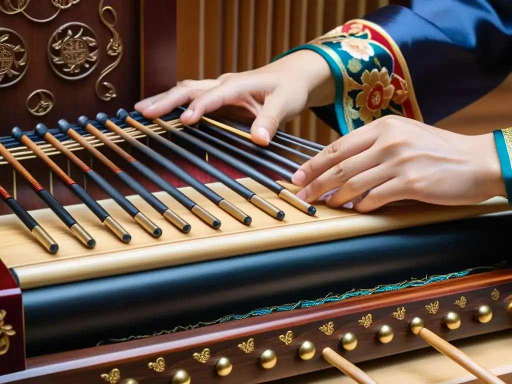 Las manos hábiles de un músico tocan el Gayageum coreano, creando sonidos hermosos