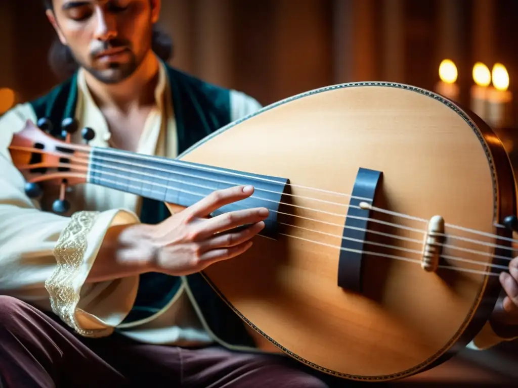 Las manos hábiles de un músico en unaútilera lira barroca, evocando la improvisación en música barroca