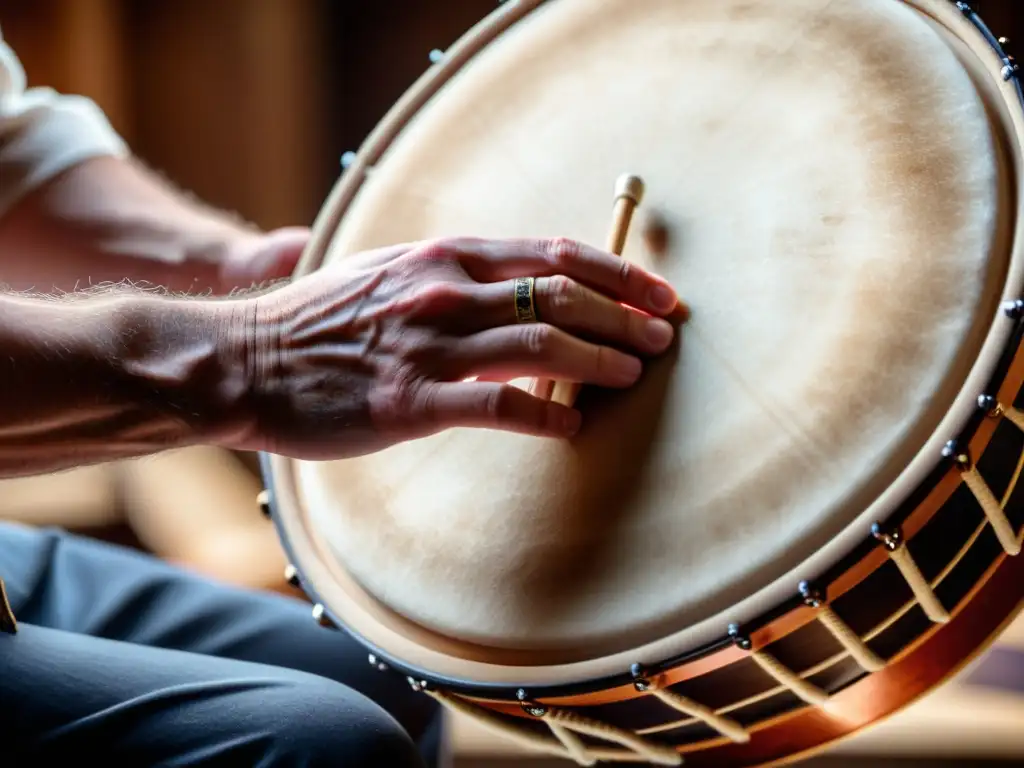 Manos hábiles de percusionista tocando un Bodhrán irlandés, evocando las técnicas de percusión Bodhrán Irlandés