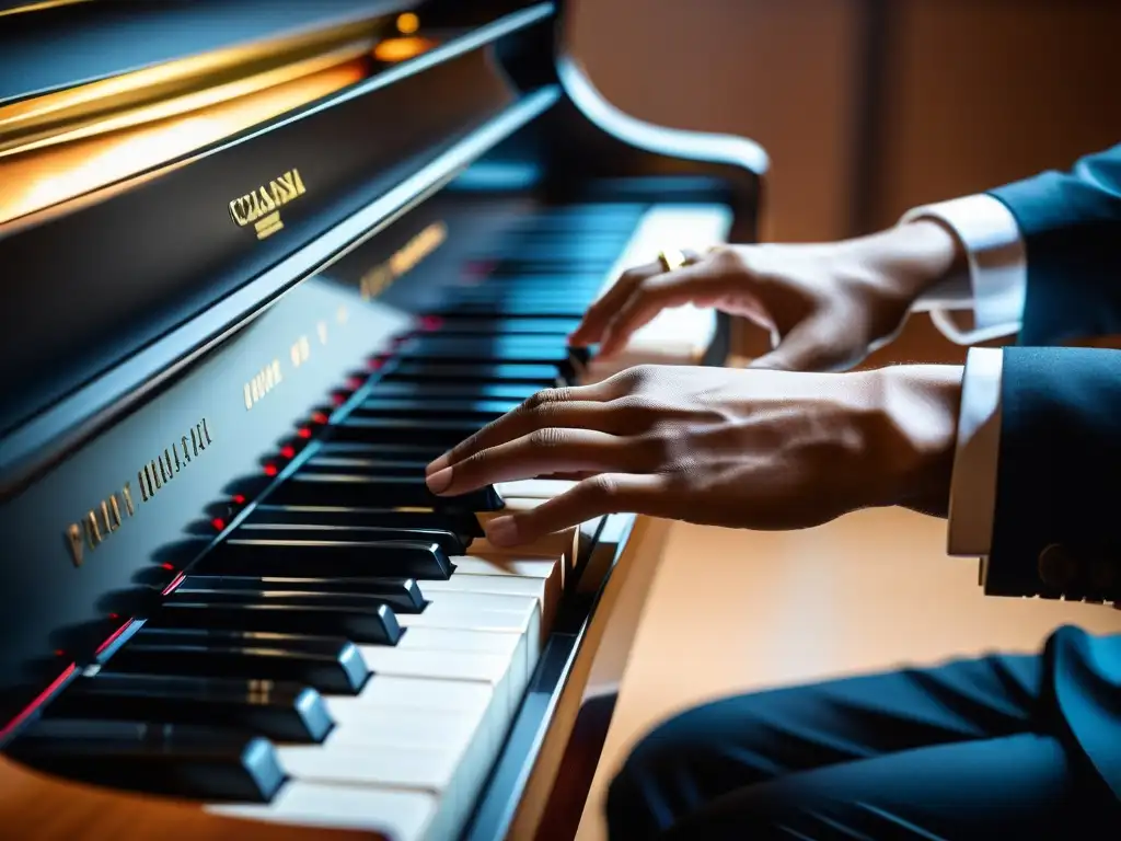 Manos hábiles de pianista tocando un piano moderno, mostrando técnicas clásicas de teclado en un contexto contemporáneo