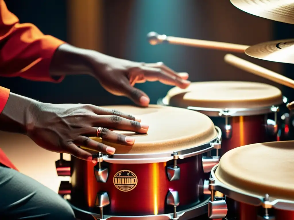 Manos hábiles creando ritmos vibrantes en instrumentos de percusión, capturando la pasión y técnica de la música en vivo