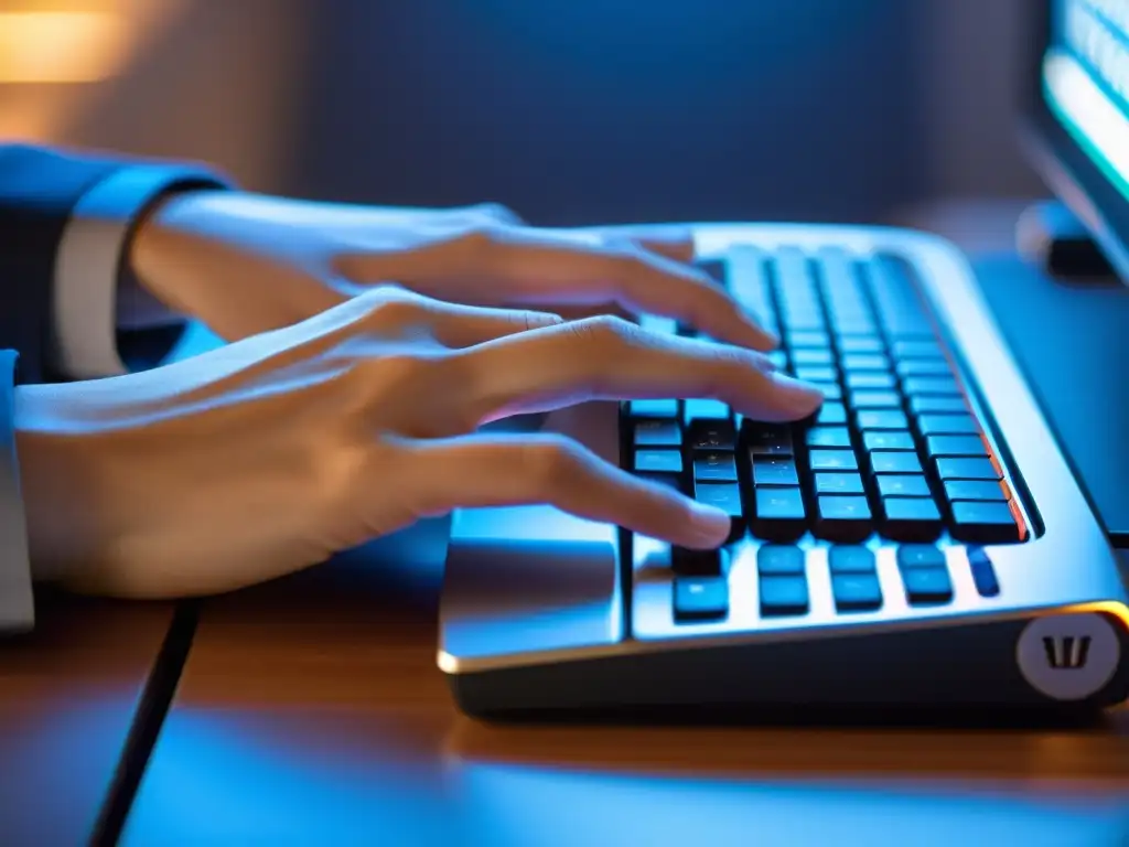 Manos hábiles tecleando en un teclado ergonómico, mejoran economía de movimiento teclado