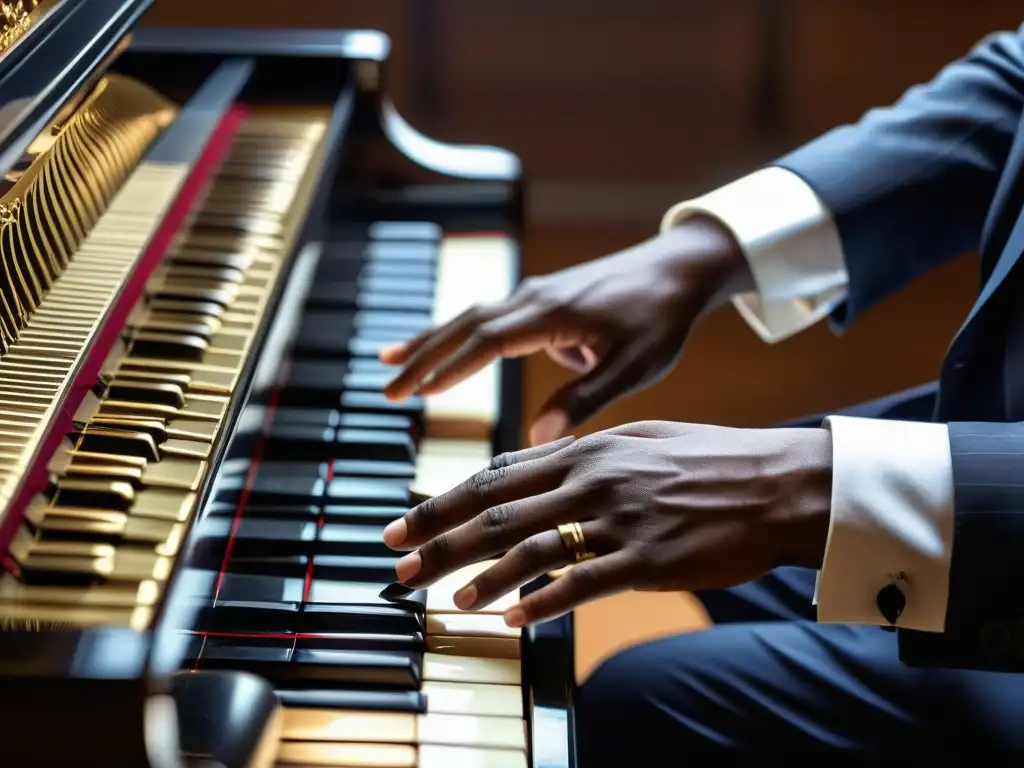 Manos hábiles ejecutando la técnica de bloqueo en el piano jazz, capturando la precisión y dinamismo en la interpretación musical