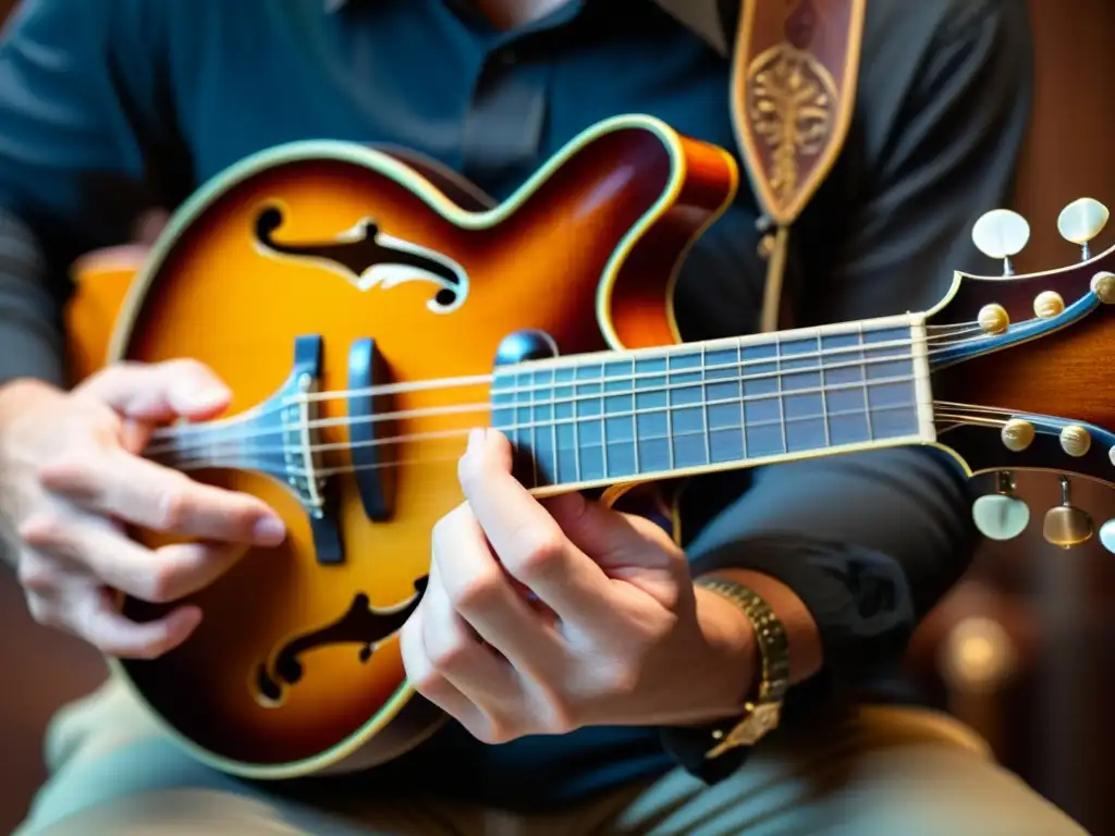 Manos hábiles ejecutando la técnica del tremolo en mandolina con pasión y destreza, resaltando la riqueza cultural y artística del instrumento