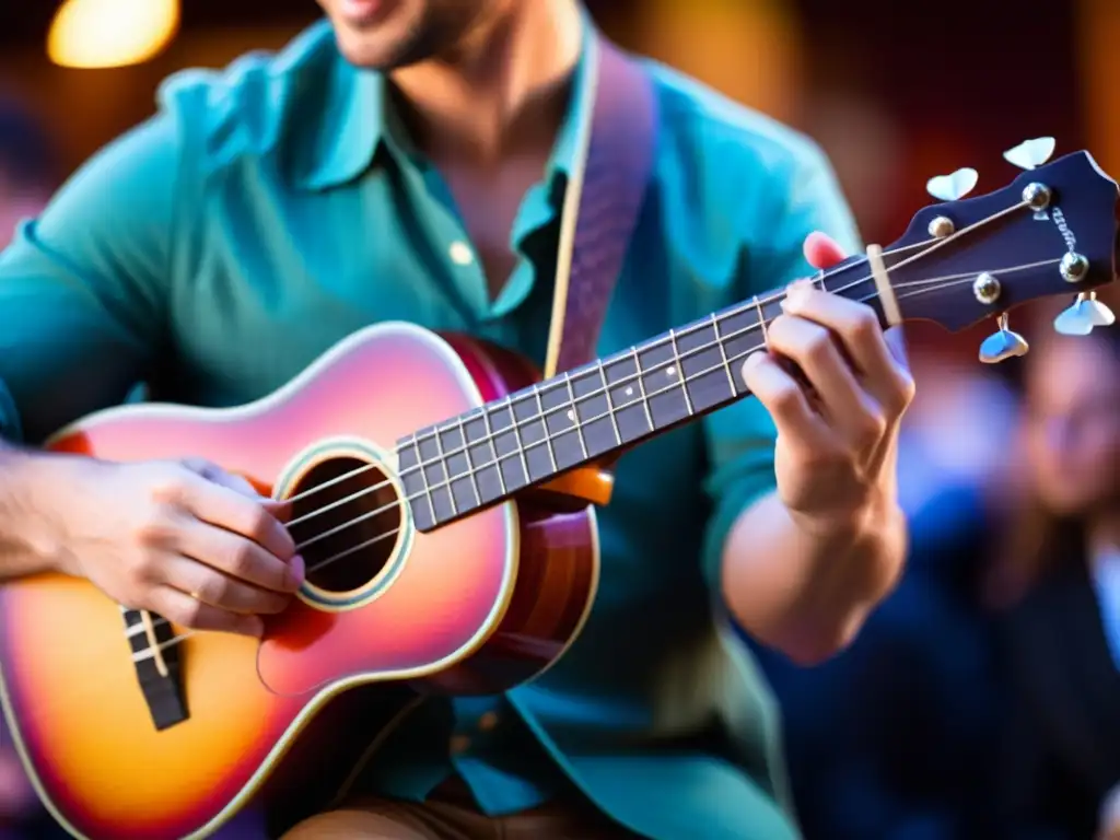 Manos hábiles tocando un ukelele en el ambiente cálido e íntimo del indie pop