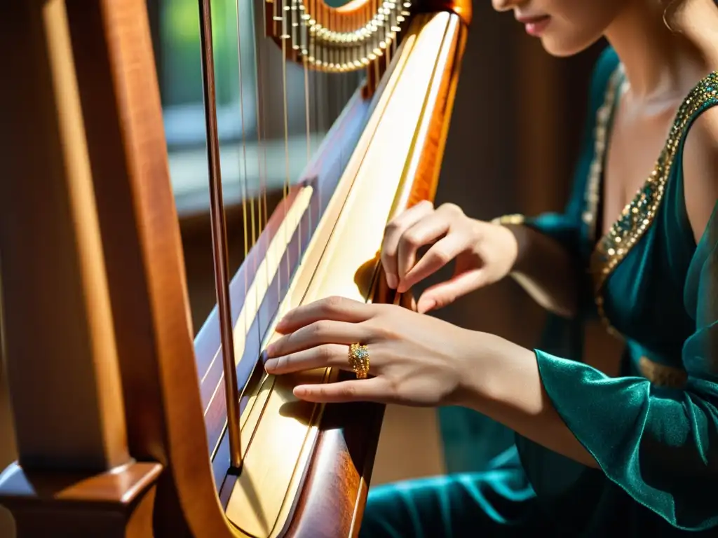 Maestría en arpegios: Las manos expertas de una arpista Las manos habilidosas de una arpista ejecutan técnicas de arpegios con gracia en un entorno musical profesional