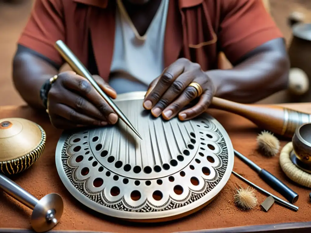 Las manos habilidosas de un artesano esculpen un mbira africano, evocando la rica historia y sonido del instrumento