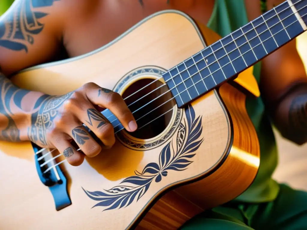 Manos habilidosas tocan una guitarra hawaiana slack key tradicional, con tatuajes que reflejan la herencia cultural